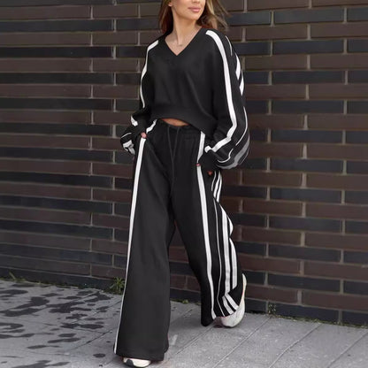 Casual V-Neck Striped Sweat & Wide Leg Pants Two-Piece Set