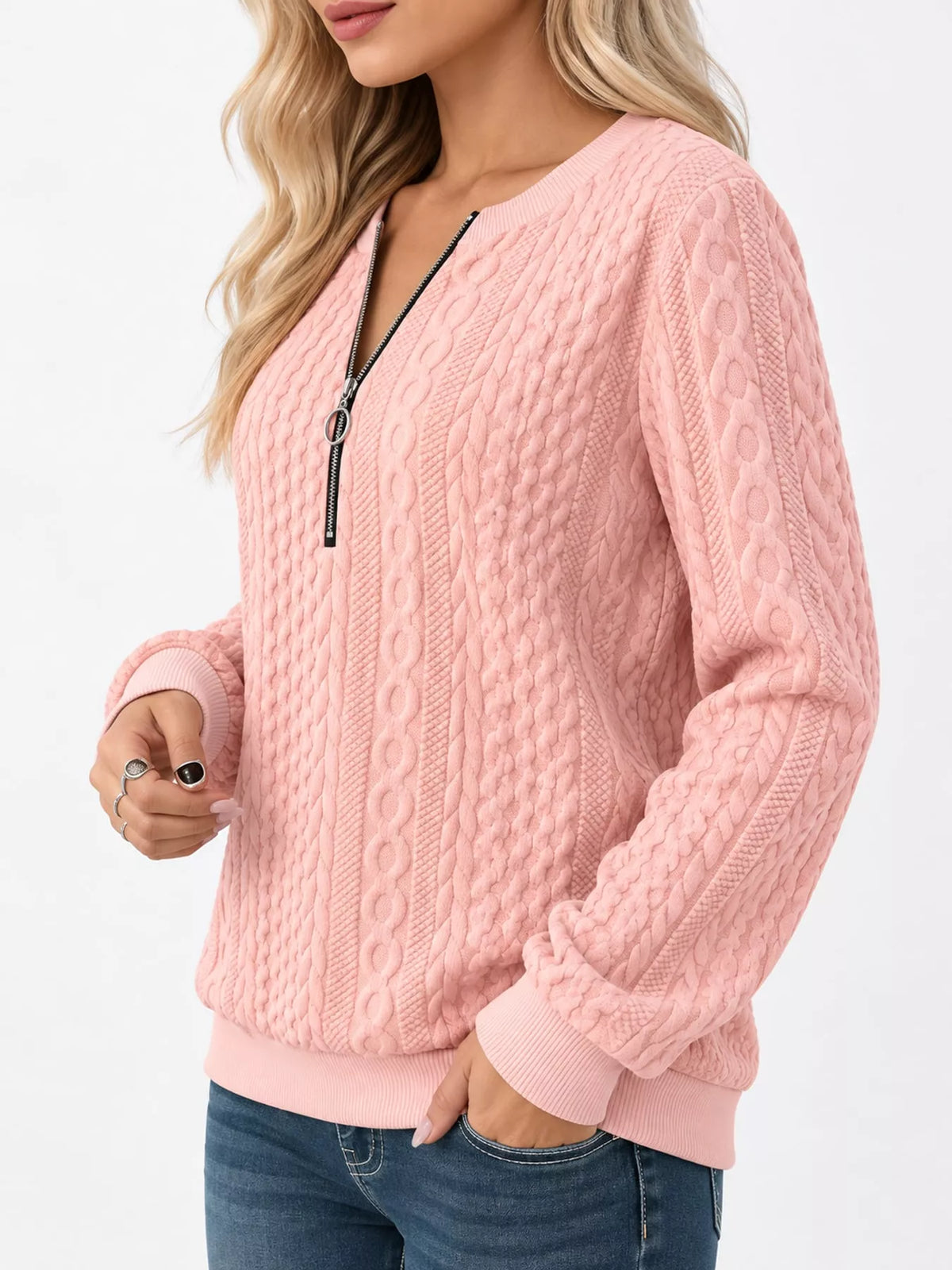 Full Size Quarter-Zip Cable Knit Sweatshirt Plus Size
