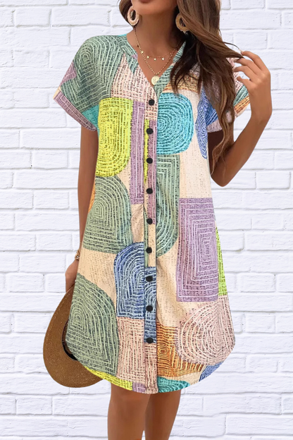 Geometric V-Neck Short Sleeve Button-Front Dress Green