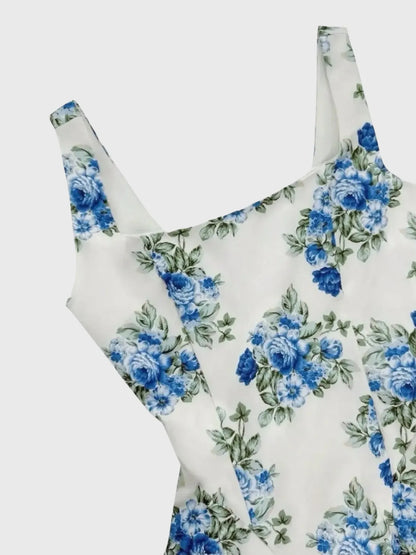 Pleated Floral Print Square Neck Mini Dress