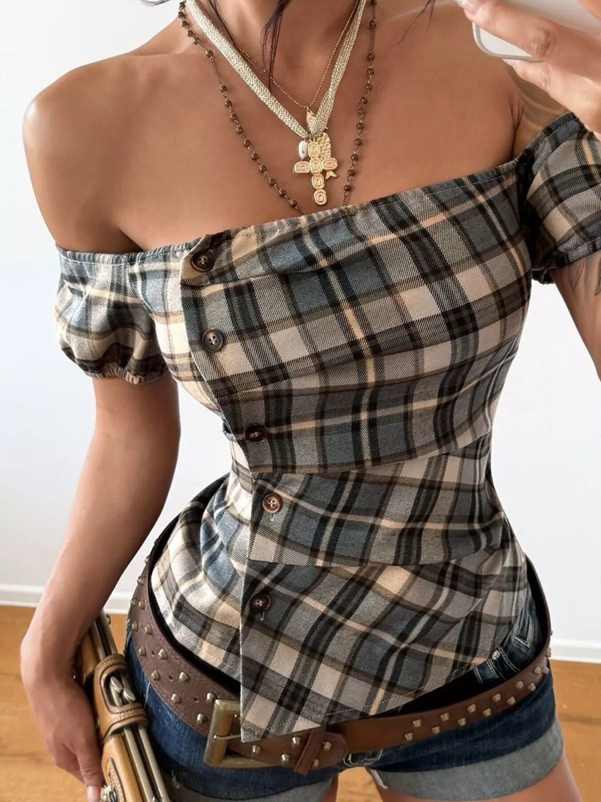 Off-Shoulder Plaid Blouse