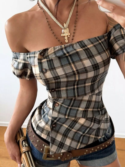 Off-Shoulder Plaid Blouse
