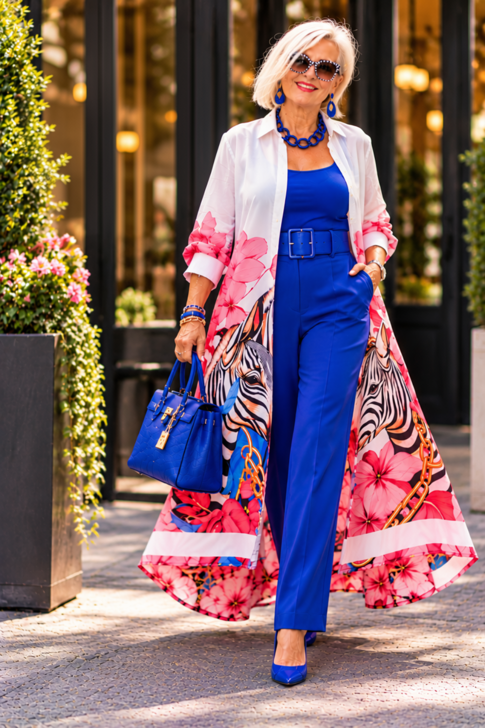 Women’s Oversized Zebra & Floral Print Maxi Shirt Dress – Button Front