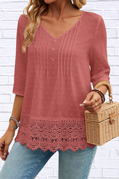 Lace Hem V-Neck Blouse Pink·