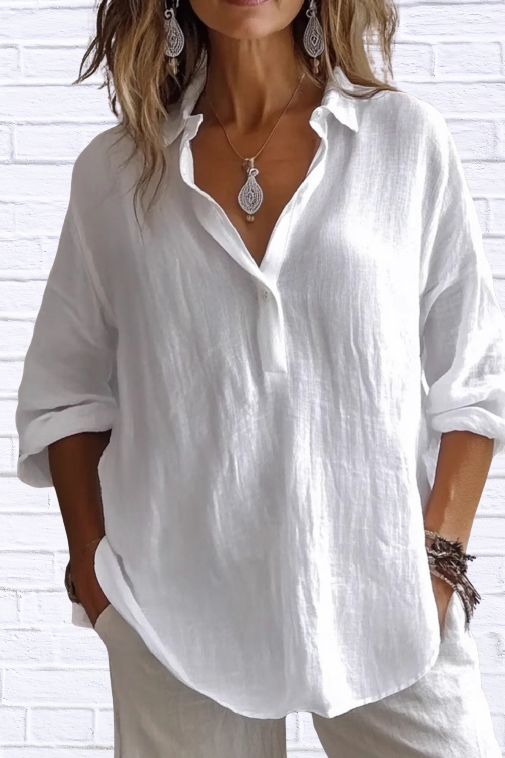 Collared Neck Long Sleeve Shirt White