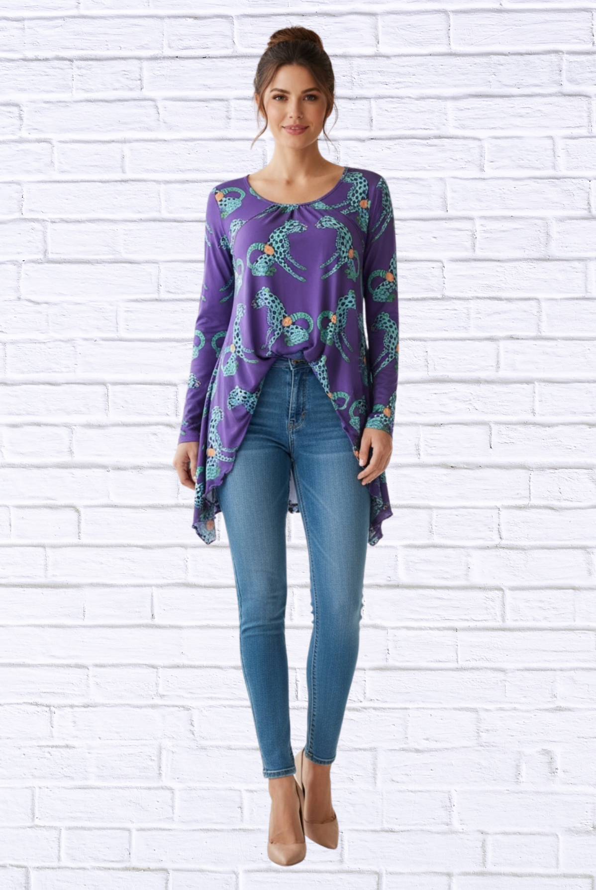 Sibella Pleated Front Long Sleeve Blouse 34 Purple Cheetah