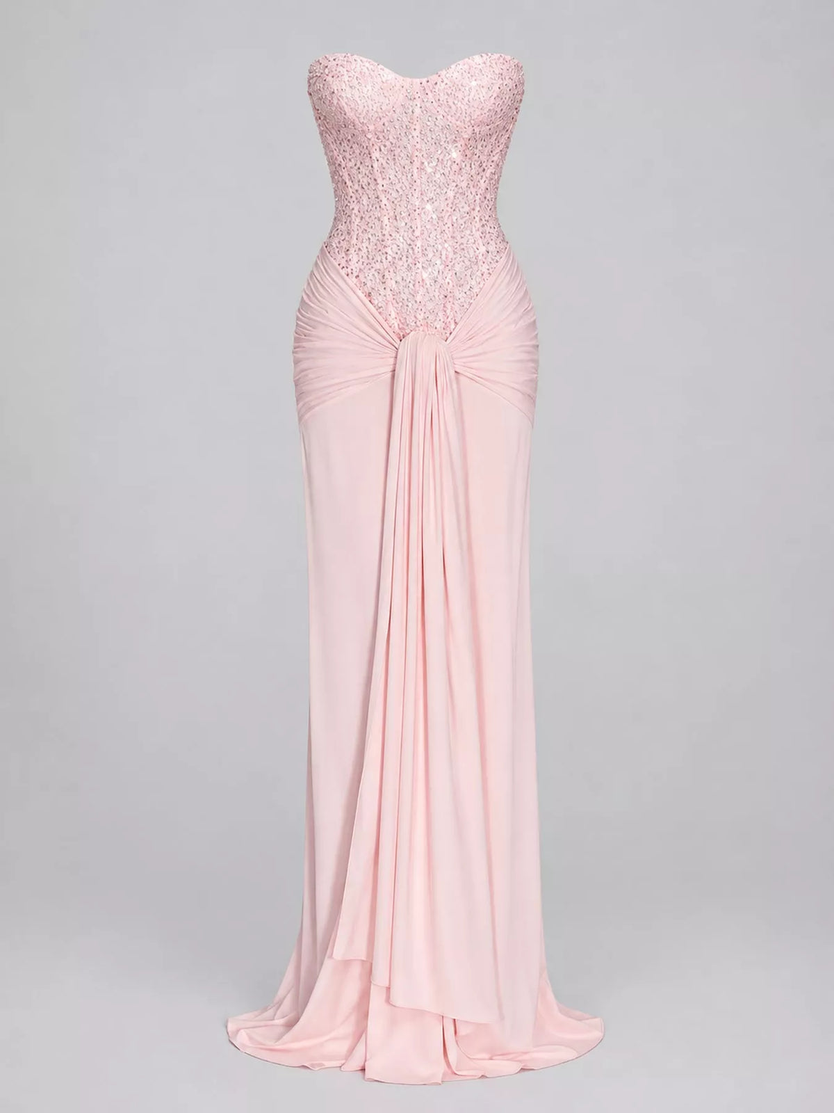 Elegant Strapless Sequin Corset Maxi Dress with Draped Waist Detail