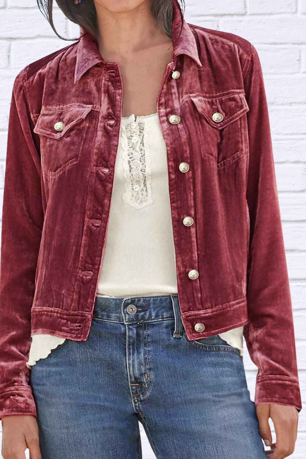 Button Up Long Sleeve Jacket with Chest Pockets Burgundy