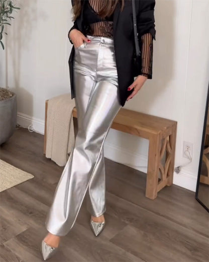 Clidress Metallic PU Leather Straight Pants