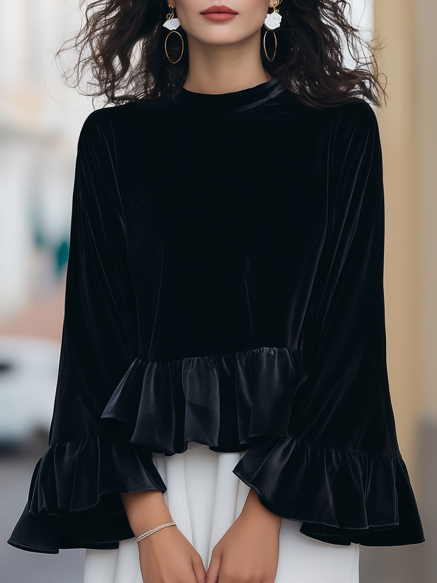 Round Neck Velvet Ruffle-Trim Blouse Black