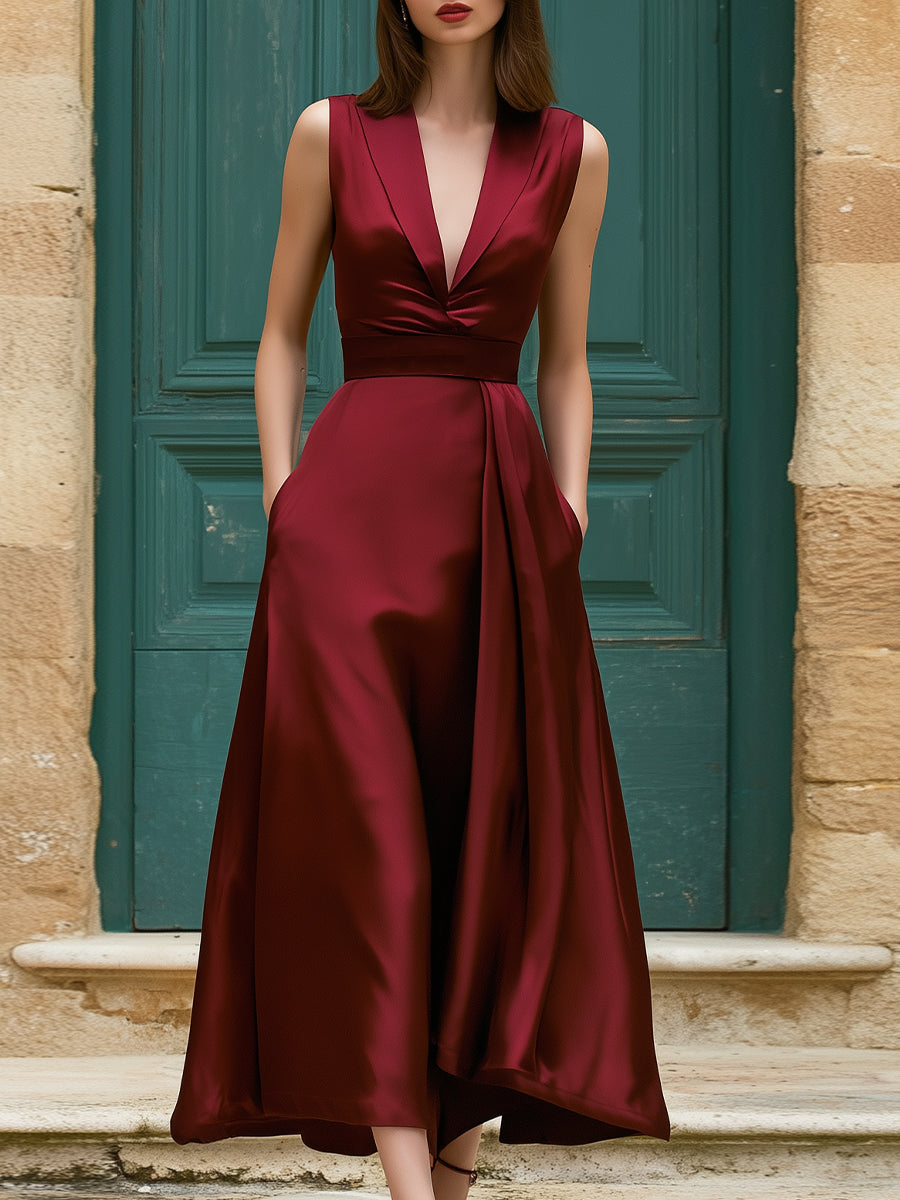 Red Satin Sleeveless V-Neck Midi Dress With Draped Skirt Red