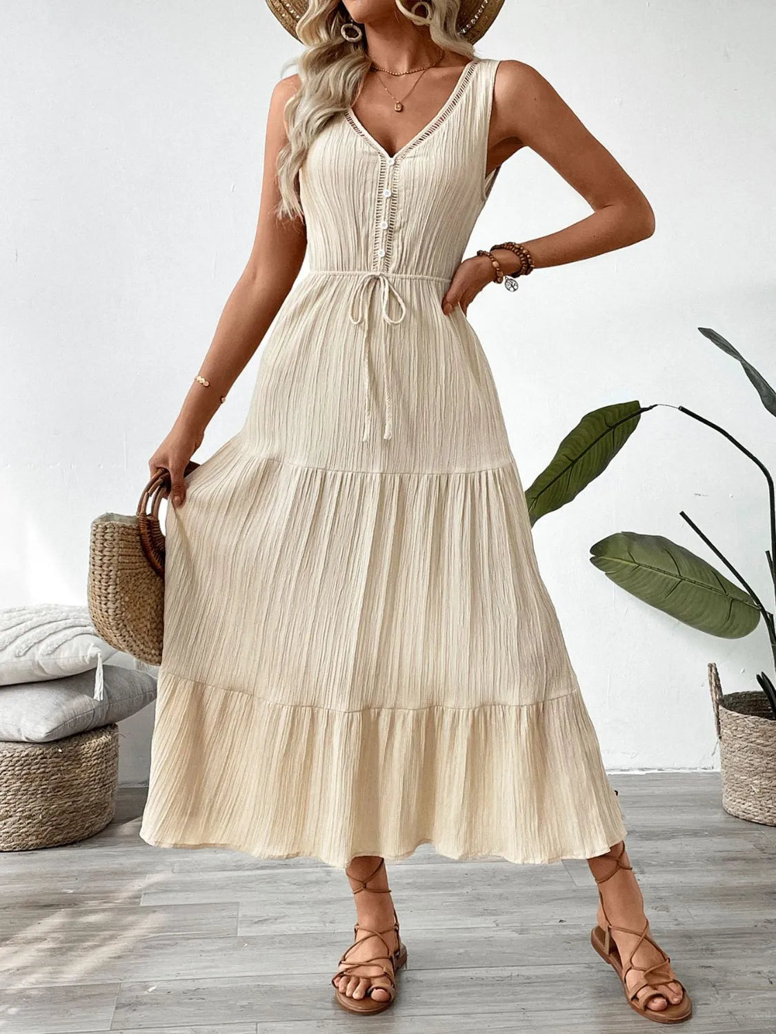 Decorative Button V-Neck Sleeveless Midi Tank Dress