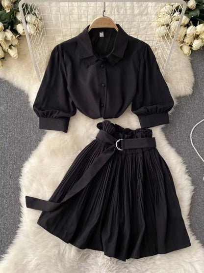 Puff Sleeve Shirt and Pleated Skirt Set