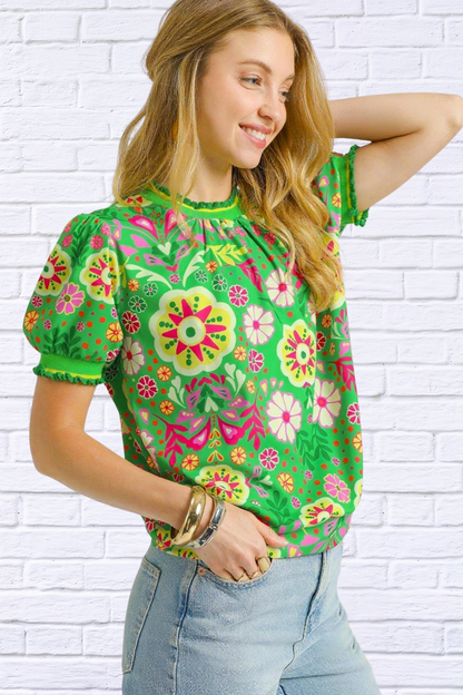 Vibrant Floral Puff Sleeve Blouse – Green