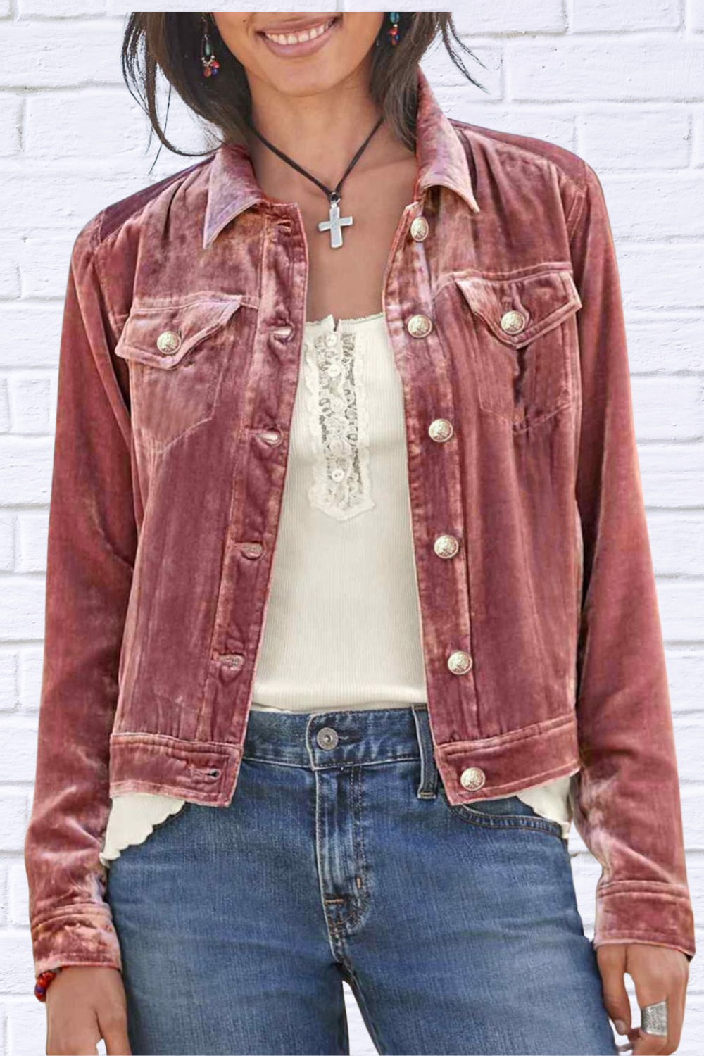 Button Up Long Sleeve Jacket with Chest Pockets Dusty Pink