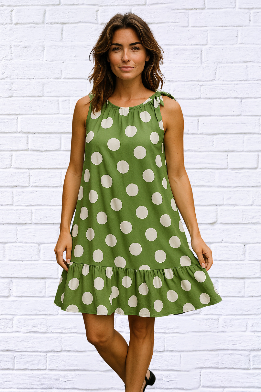 Tie Neck Gauged Trapeze Dress - GREEN POLKA DOT - | Diva USA Extra Large