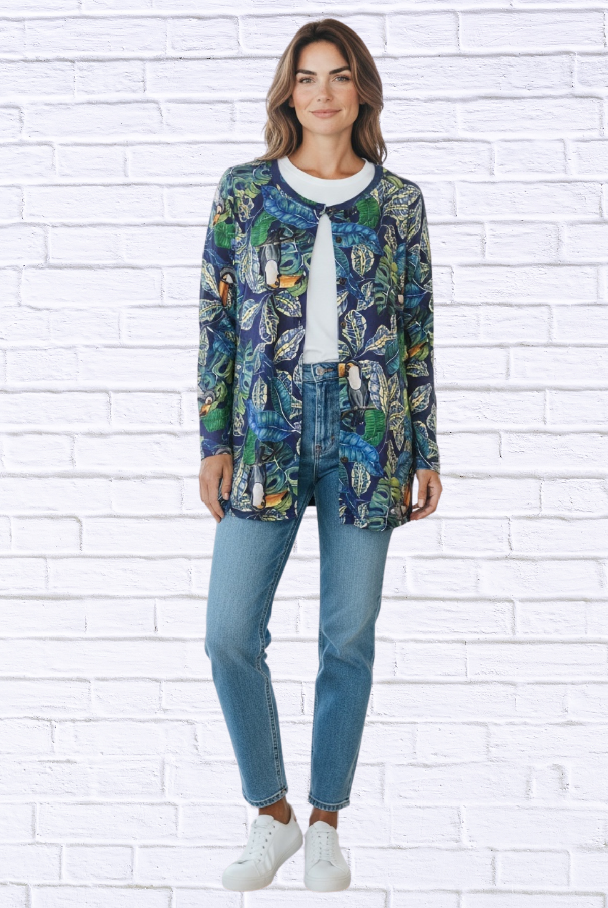 Tropical Print Button-Through Knit Cardi Top – Round Neck Lightweight Layering Piece