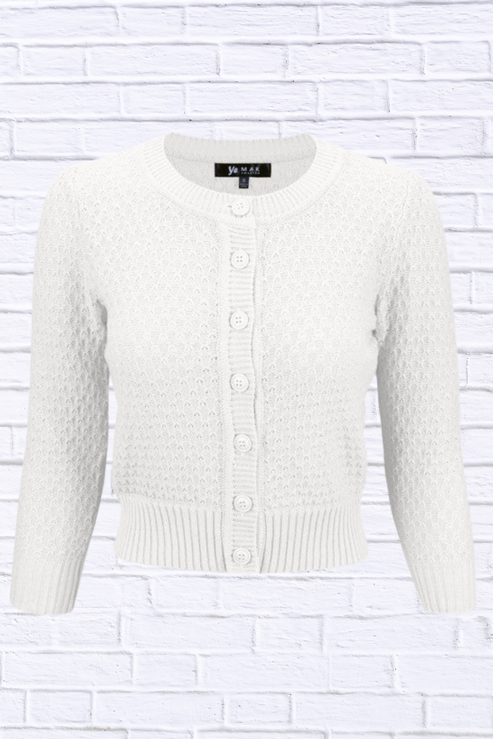 3/4 Sleeve Cute Pattern Cropped Cardigan Sweater White