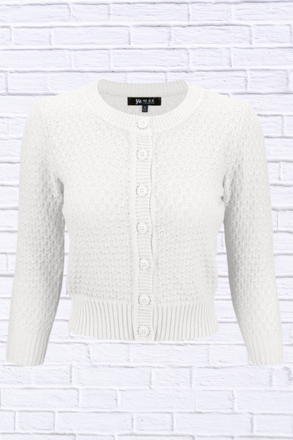 3/4 Sleeve Cute Pattern Cropped Cardigan Sweater White