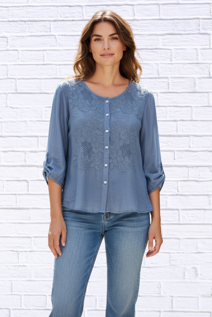 Silk-Lined Embroidered Button-Up Blouse – 3/4 Sleeve Round Neck Elegant Top Sky Blue