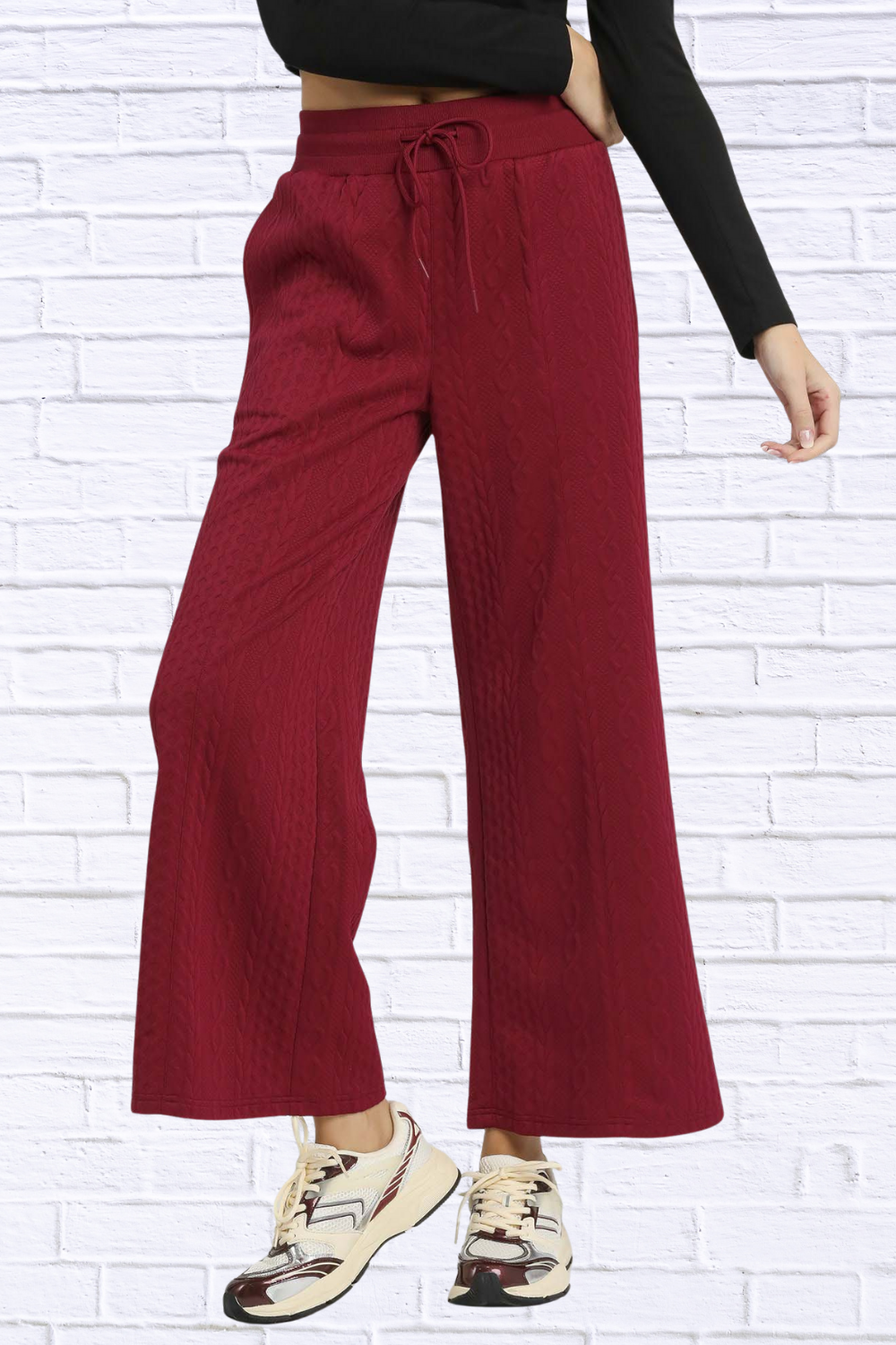 Burgundy Cable Knit Textured Wide Leg Pants BURGUNDY