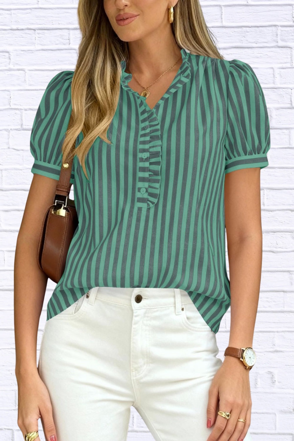 Frill Striped Puff Sleeve Blouse | Chic Women’s Top