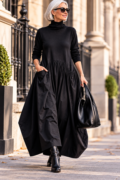 Turtleneck Maxi Dress with Long Sleeves and Pockets