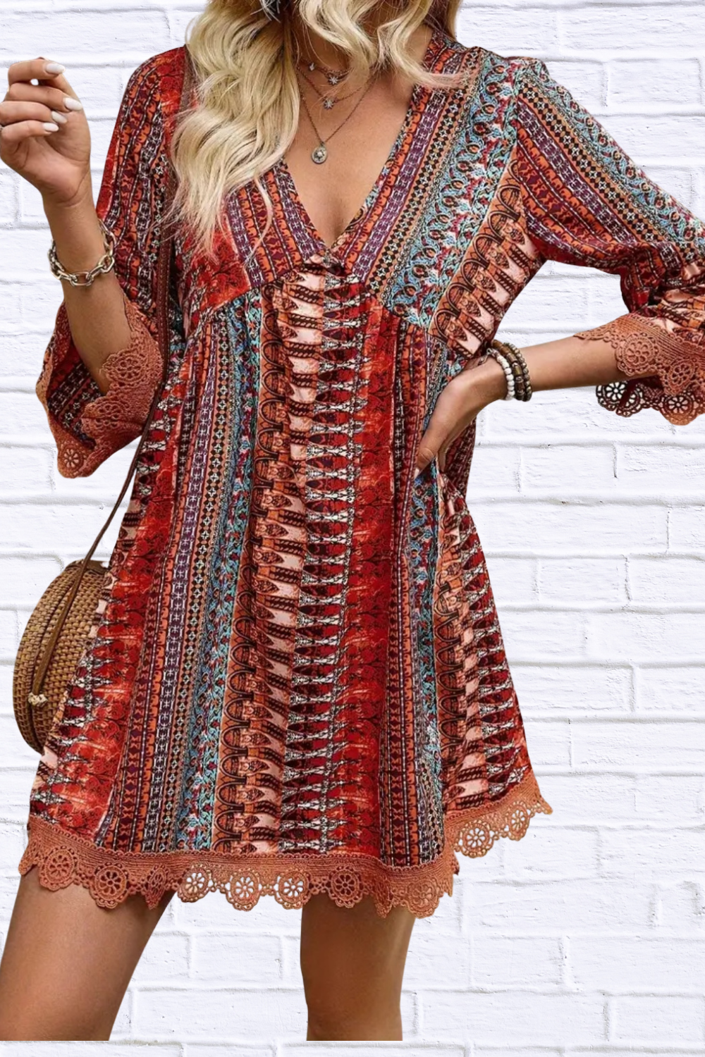 Lace Trim Printed V-Neck 3/4 Sleeve Dress Rust