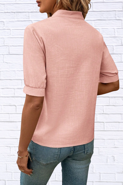 Embroidered Notched Neck Blouse for Women | Black Short Sleeve Floral