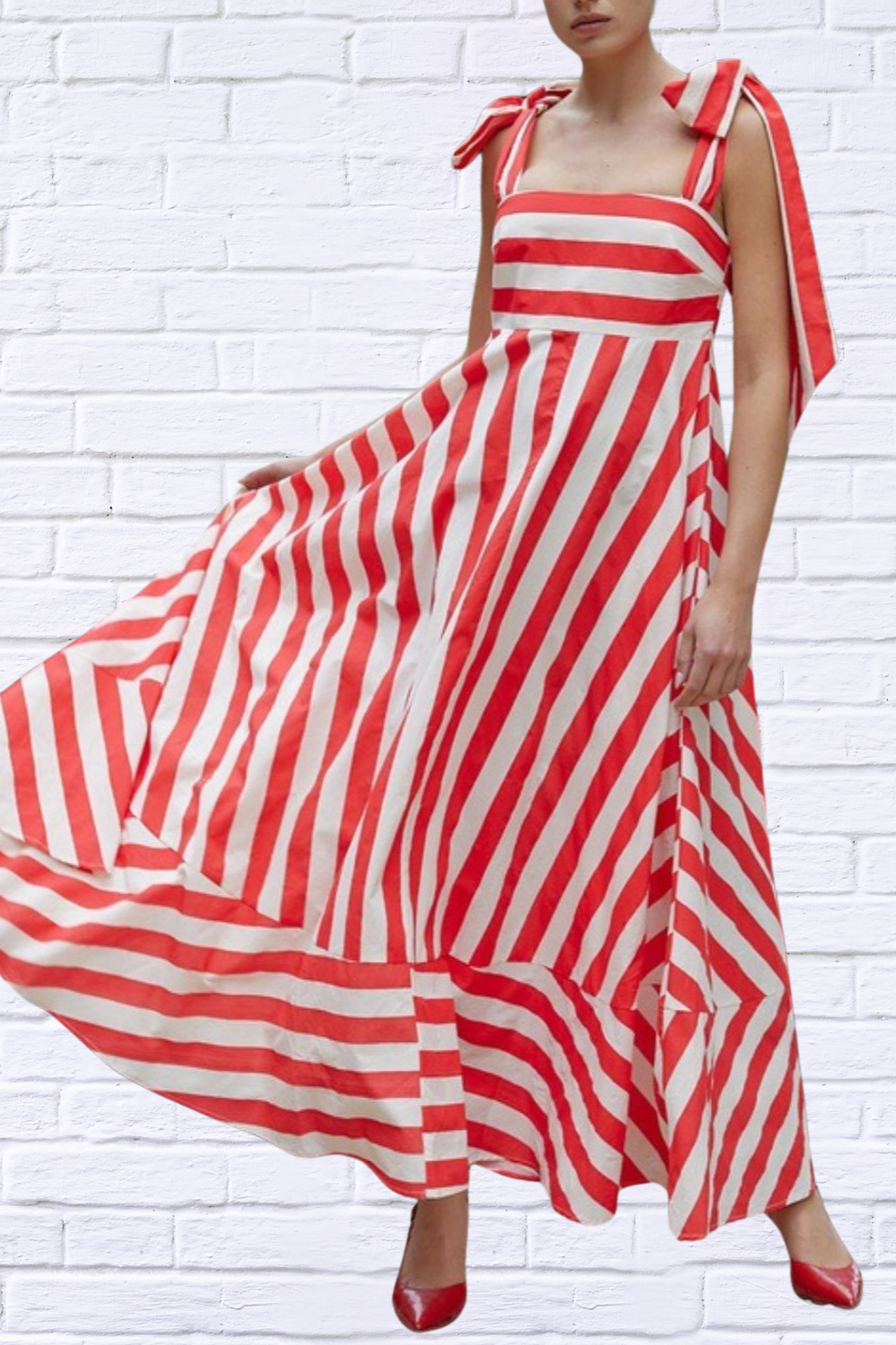 Striped Red And White Square Neck Wide Strap Dress Red