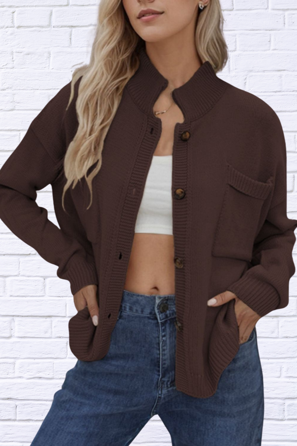 Button Up Long Sleeve Cardigan Coffee Brown