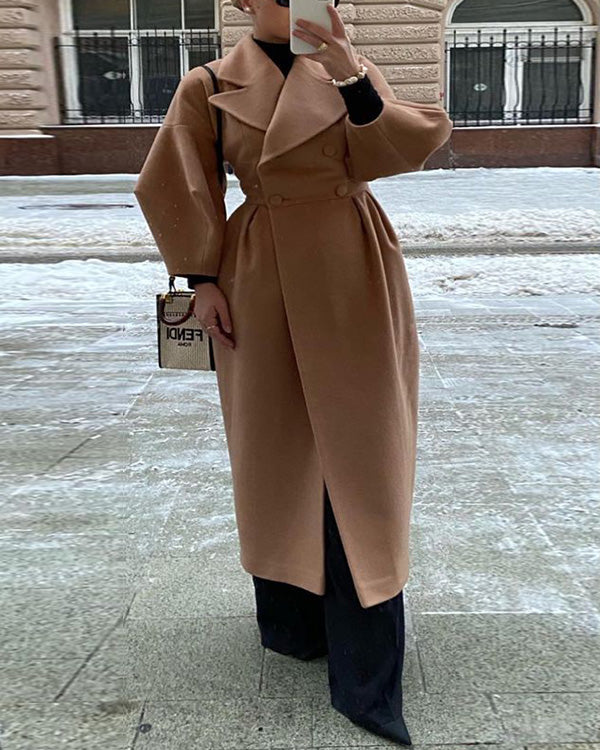 Clidress Vintage Lantern Sleeve Lapel Woolen Coat