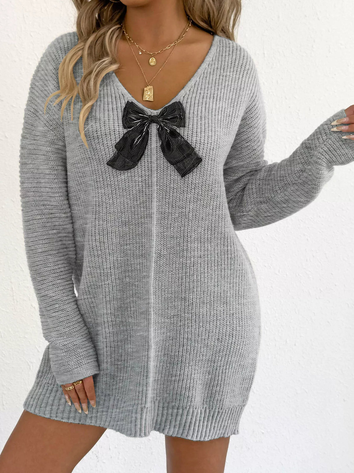 Bow Ribbed Knit Sweater Dress