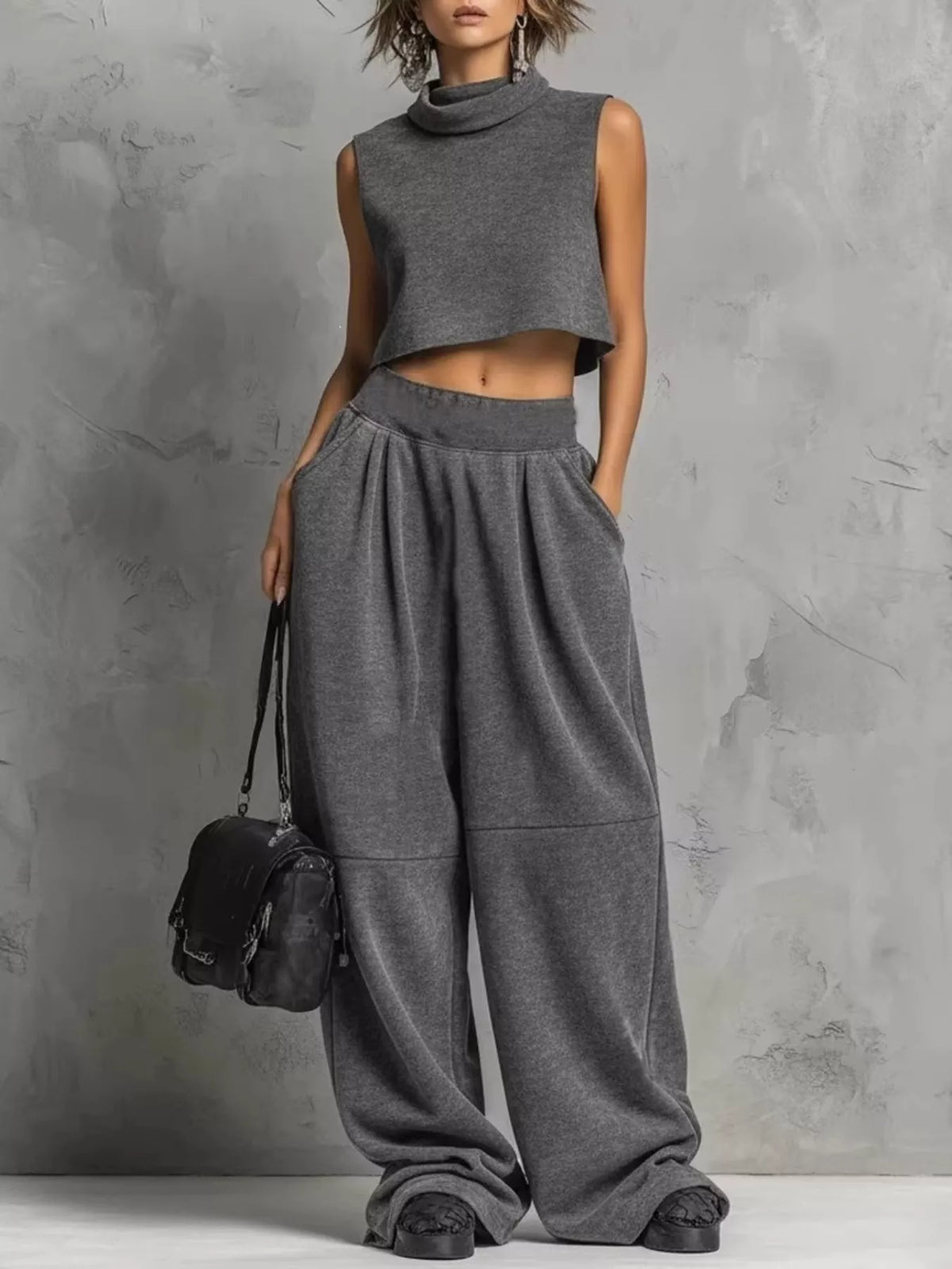 Sleeveless Mock Neck Crop Top and Wide-Leg Sweatpants Set