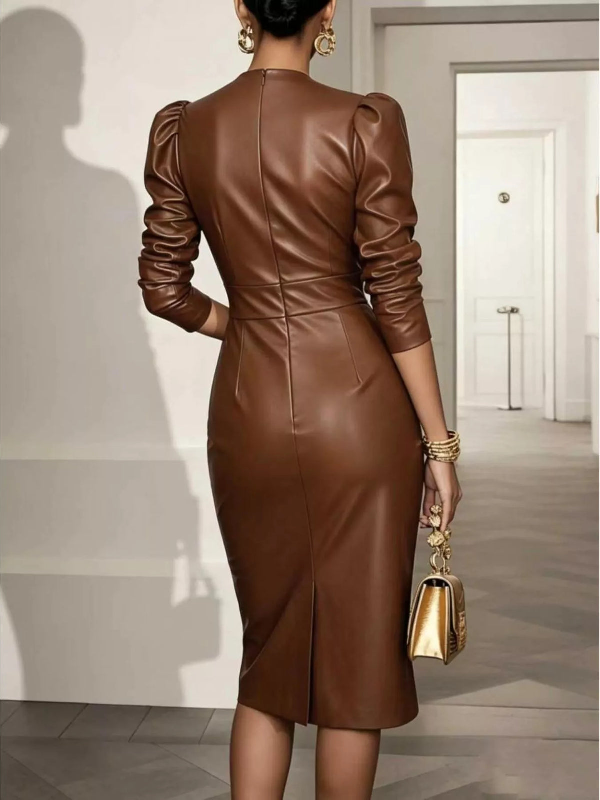 V-Neck Puff Sleeve Midi Dress