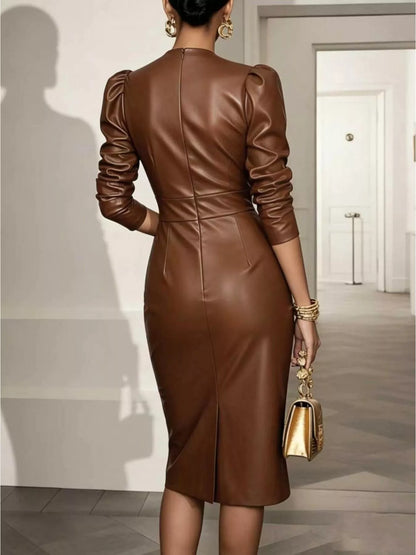 V-Neck Puff Sleeve Midi Dress