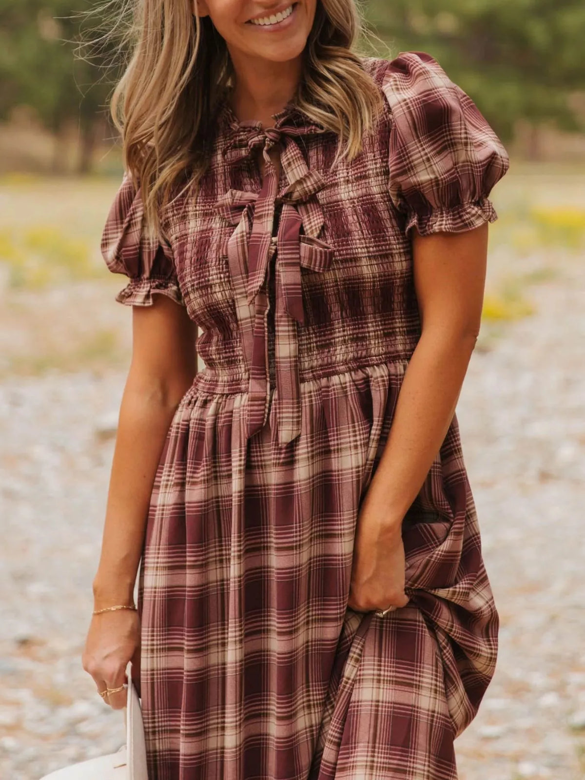 Plaid Knot Front Smocked High Waist Midi Dress