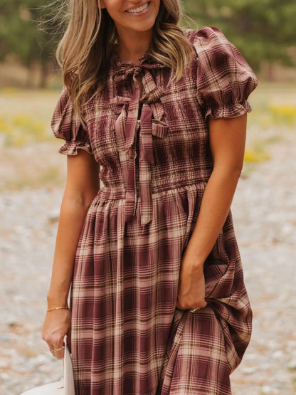 Plaid Knot Front Smocked High Waist Midi Dress