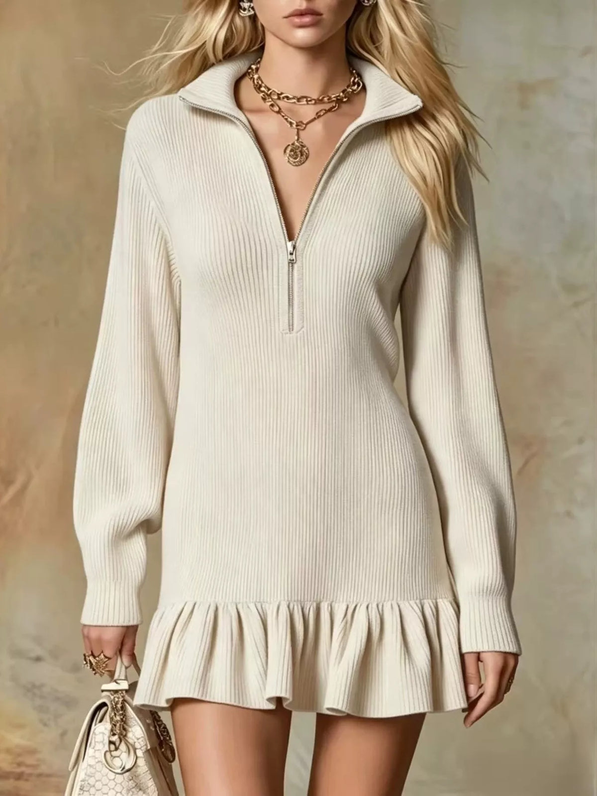 Full Size Half Zip Ruffled Hem Dress Plus Size