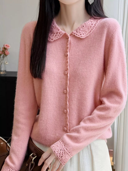 Lace-Collar Button Down Knit Cardigan