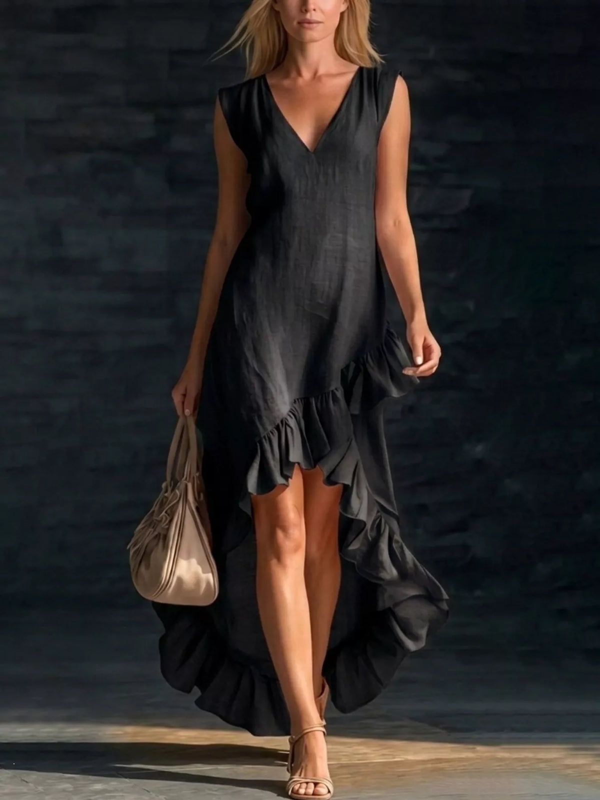 Full Size Ruffled Asymmetrical Hem V-Neck Sleeveless Dress Plus Size