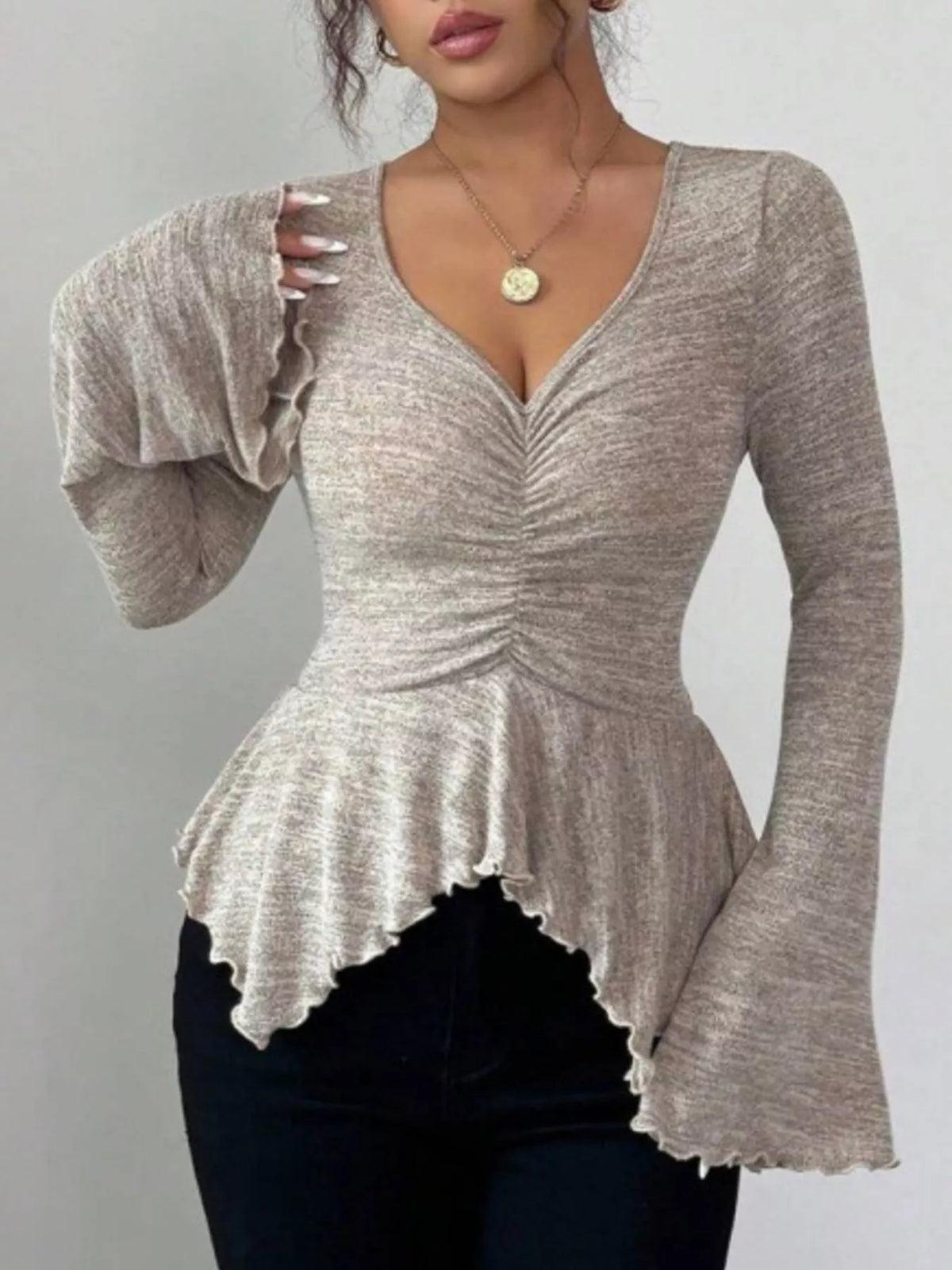 Ruched Flared Sleeves Peplum T-Shirt