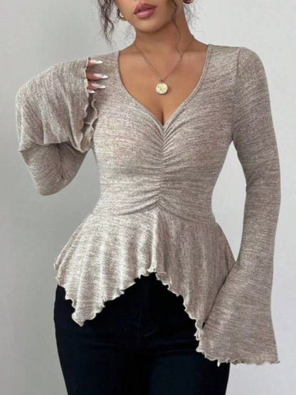 Ruched Flared Sleeves Peplum T-Shirt