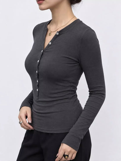 Slim-Fit Button-Down Long Sleeve Knit Top