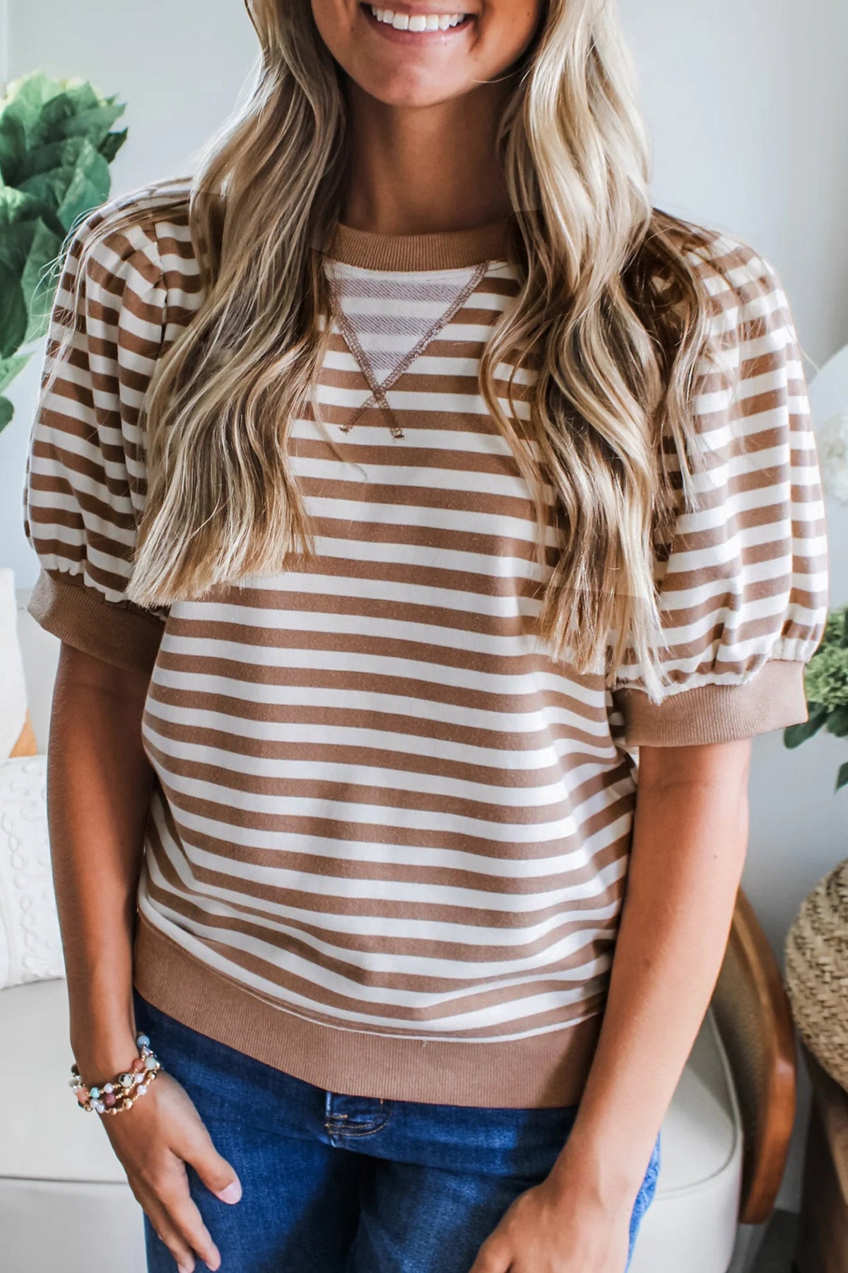 Orange Stripe Short Bubble Sleeve T Shirt