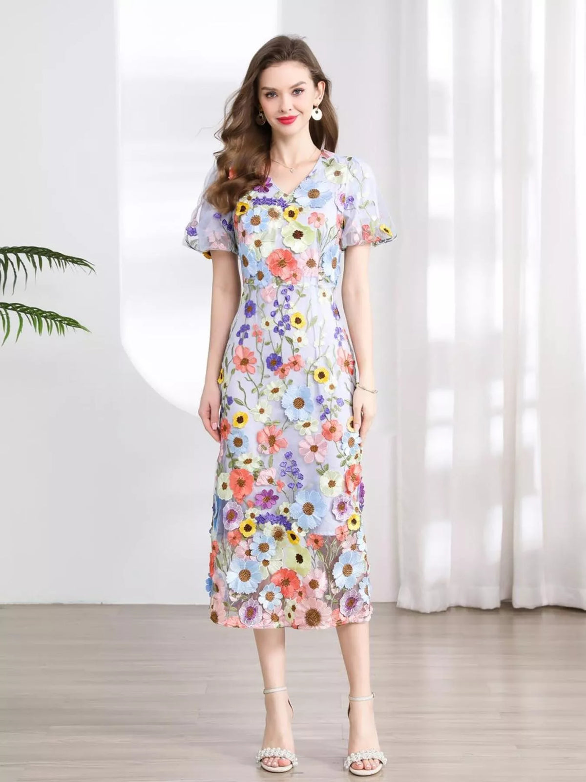 Floral Embroidered Puff Sleeve Midi Dress