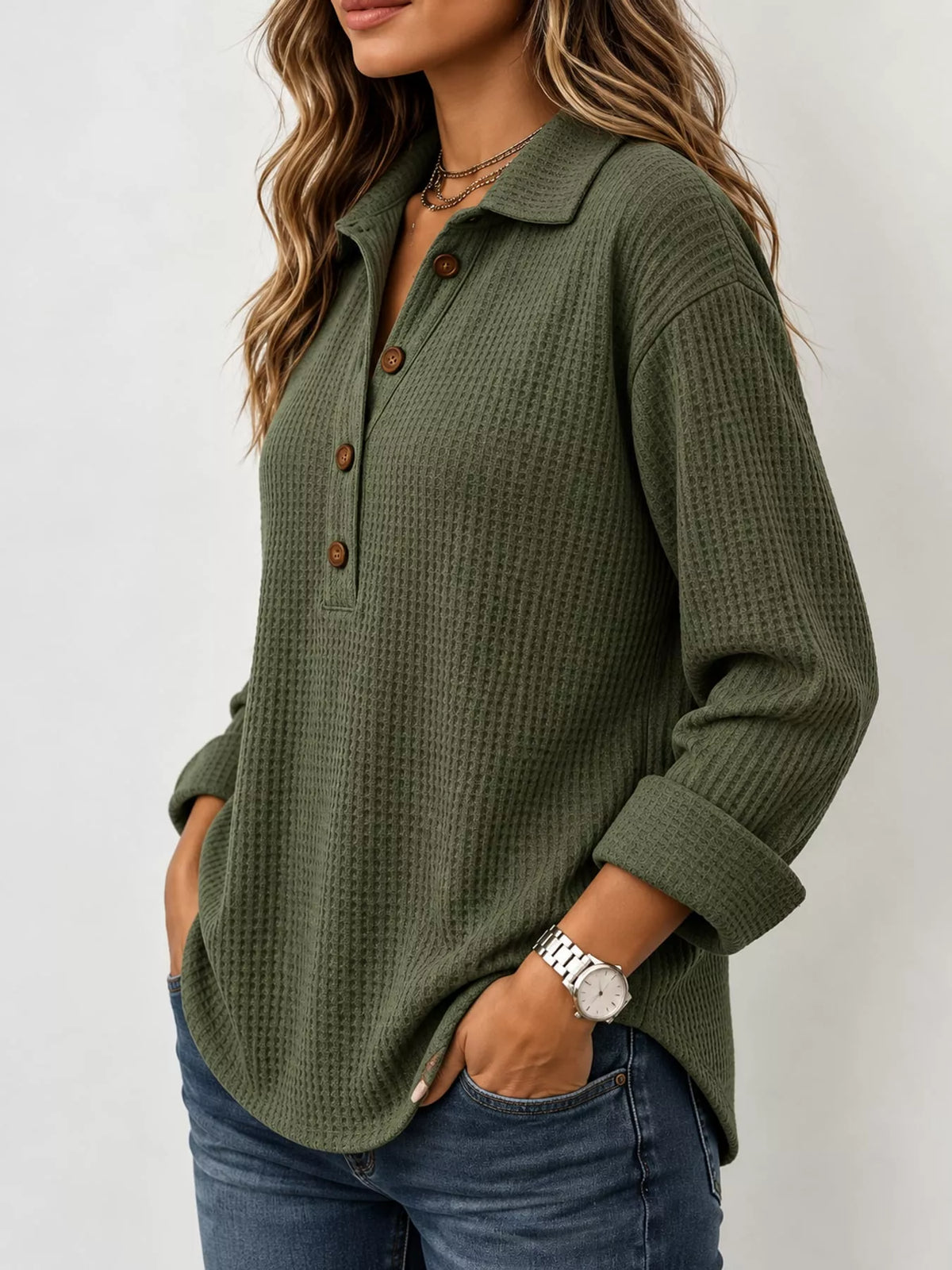 Full Size Waffle Knit Long Sleeve Polo Top Plus Size