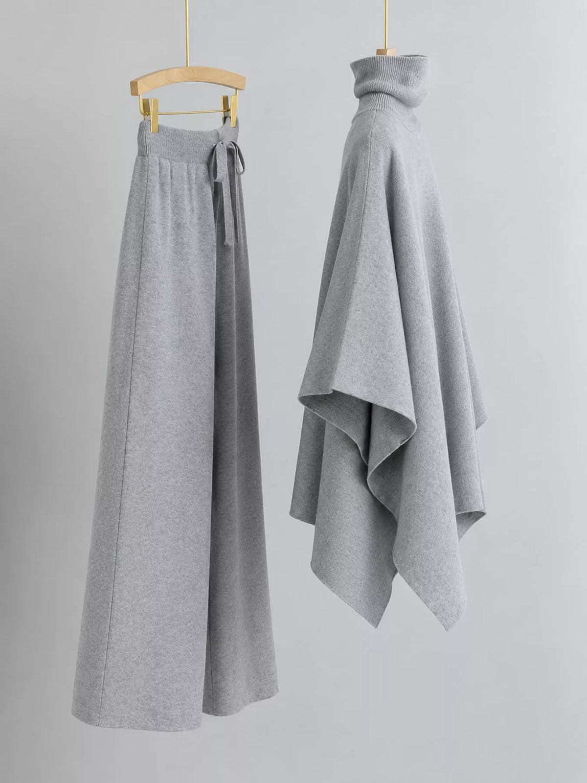 Turtleneck Poncho Pants Set with Wide-Leg Knit Pants