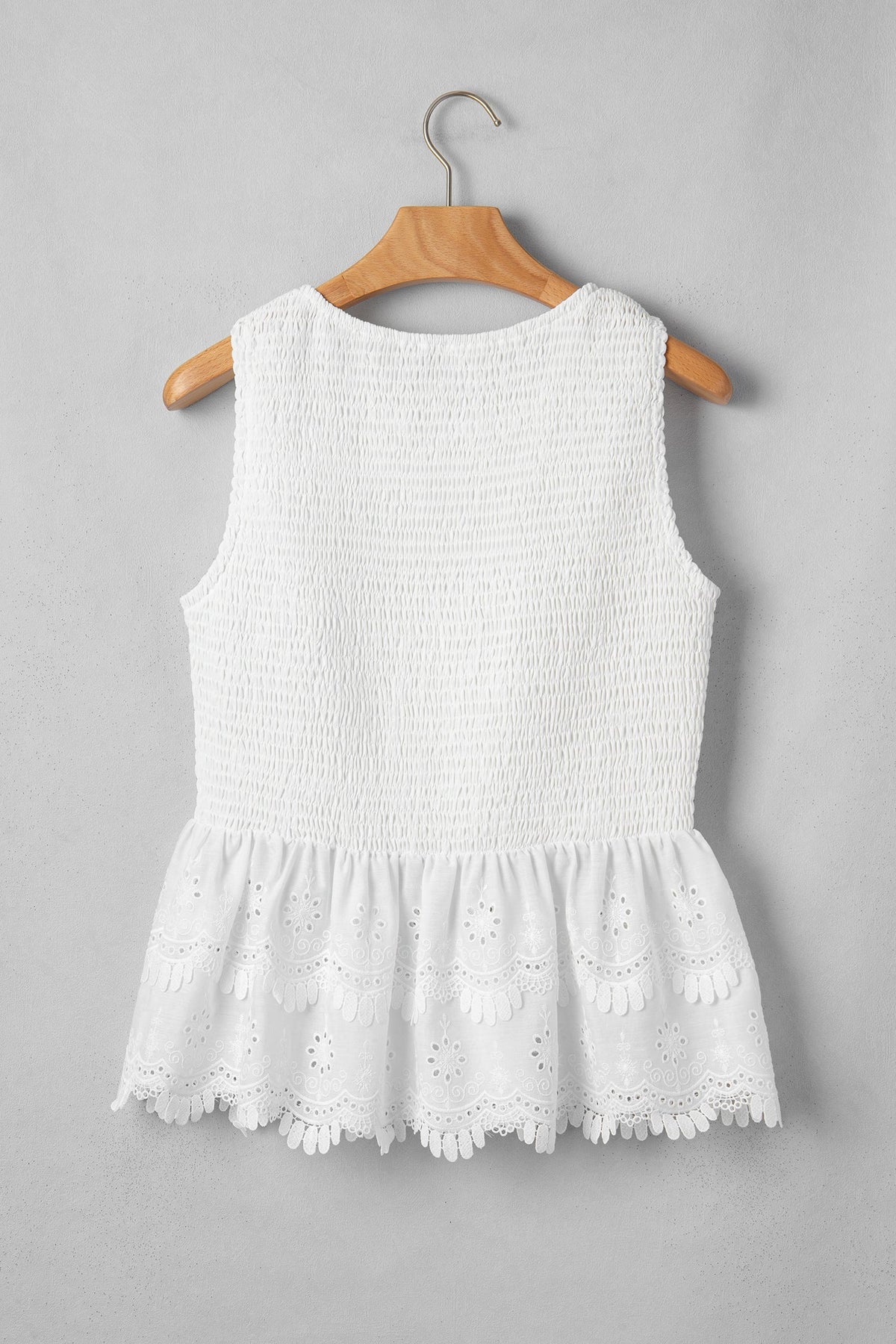 White Sleeveless Smocked Lace Peplum Top