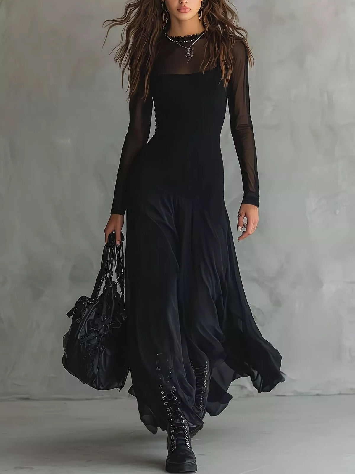 Elegant Gothic Sheer Mesh Long Sleeve Maxi Dress